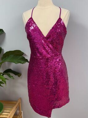 Lulus Hilaria Sequin Bodycon Mini Dress Fucshia Pink Large Dance Party Hoco NYE